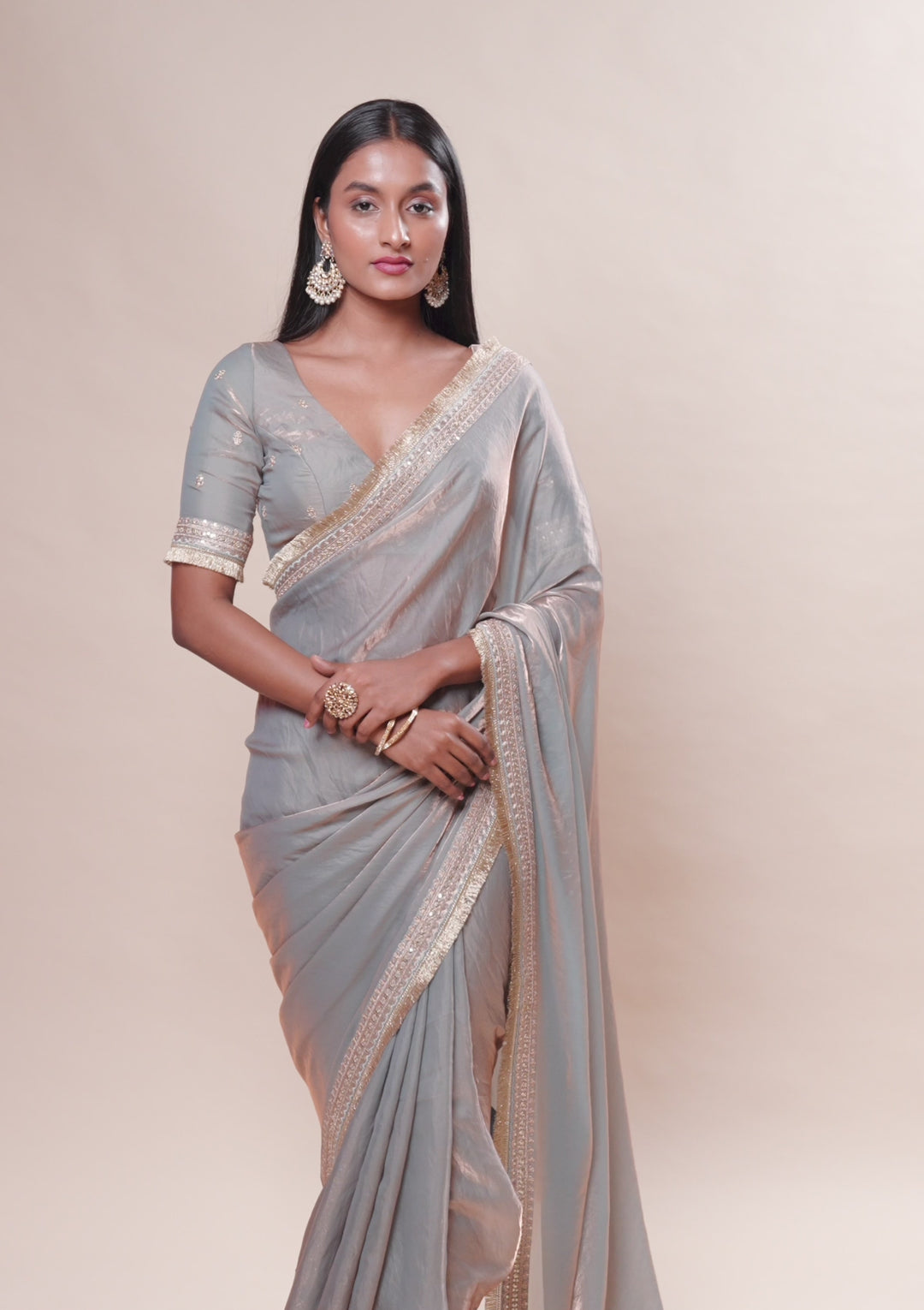 Grey Tissue Cording Saree With Matching Blouse Piece