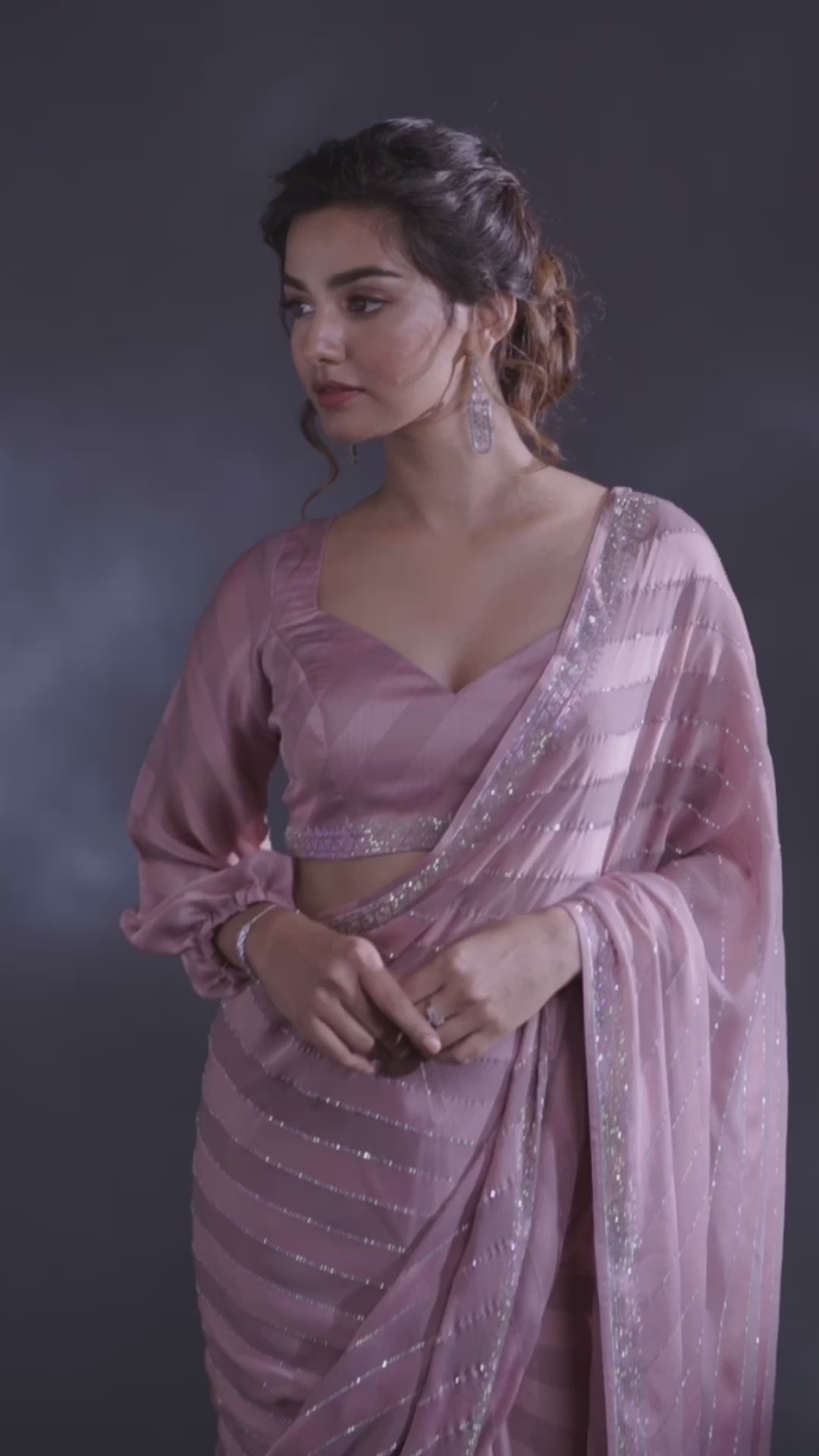 Lavender Satin Swarovski Saree With Matching Blouse Piece