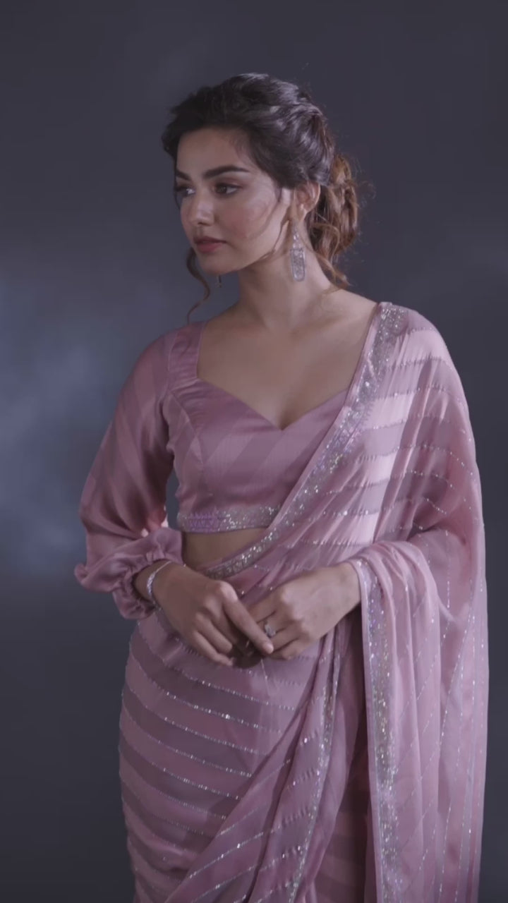Lavender Satin Swarovski Saree With Matching Blouse Piece