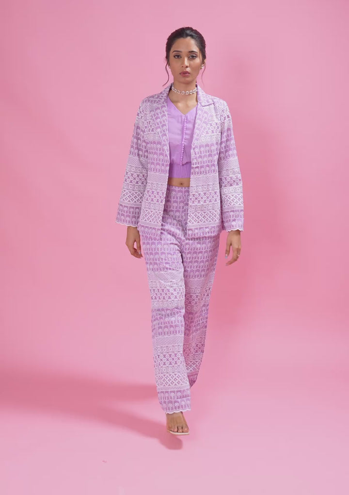 Lavender Threadwork Cotton Readymade Salwar Suit