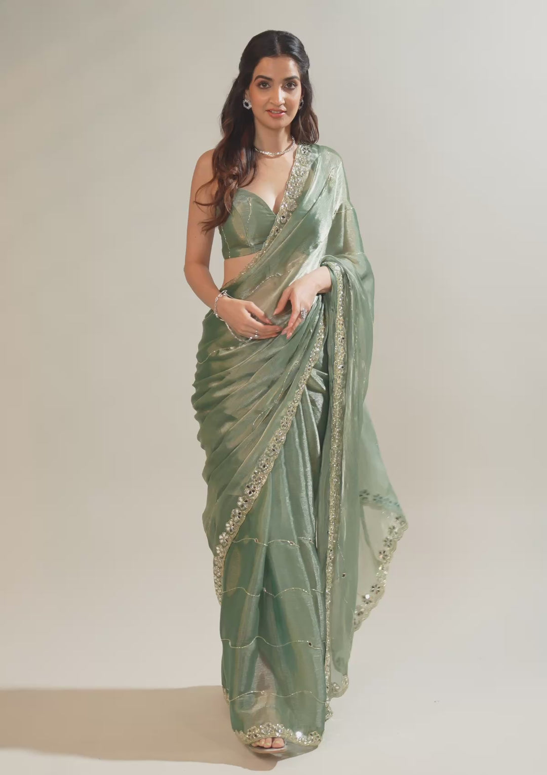 Sea Green Mirrorwork Organza Saree