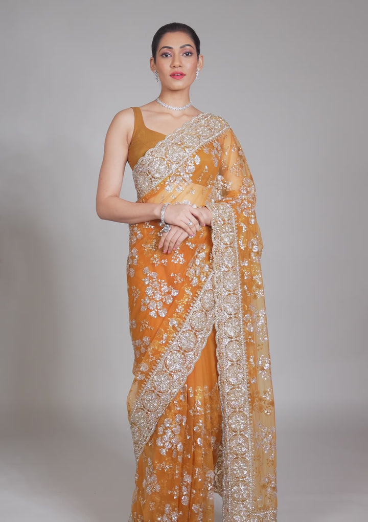 Koskii Net Golden Saree – Embellished with Zariwork
