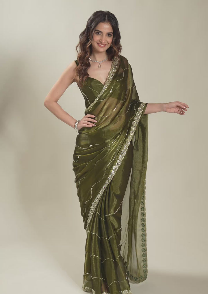 Mehendi Mirrorwork Organza Saree