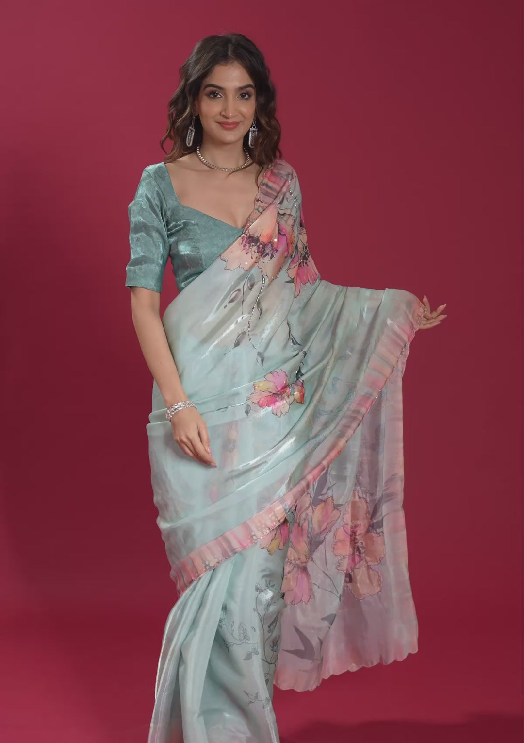 Koskii Organza Blue Floral Saree – Elegance Unstitched