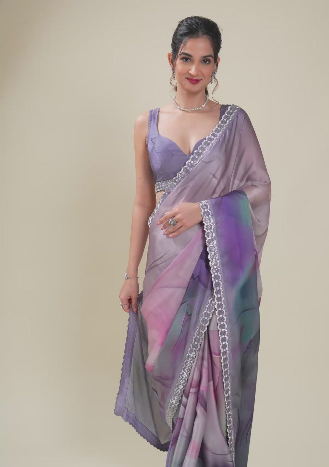 Grey Printed Satin Saree