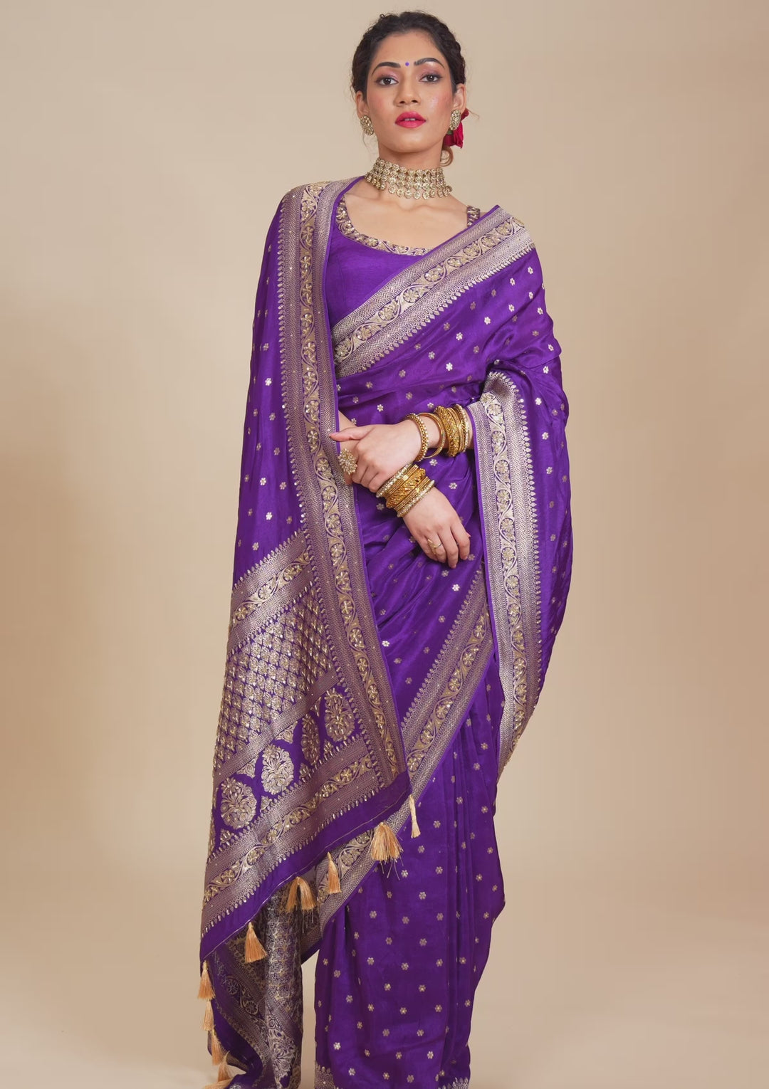 Purple Silk Buti Cutdana Saree With Matching Blouse Piece