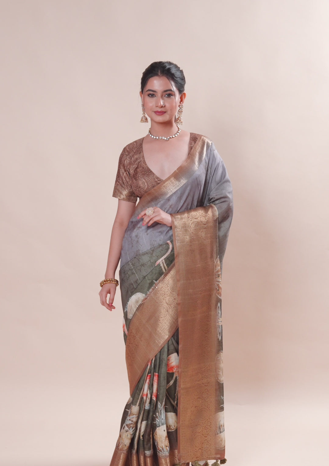 Mehendi Green Tissue Abstract Geometric Saree With Matching Blouse Piece