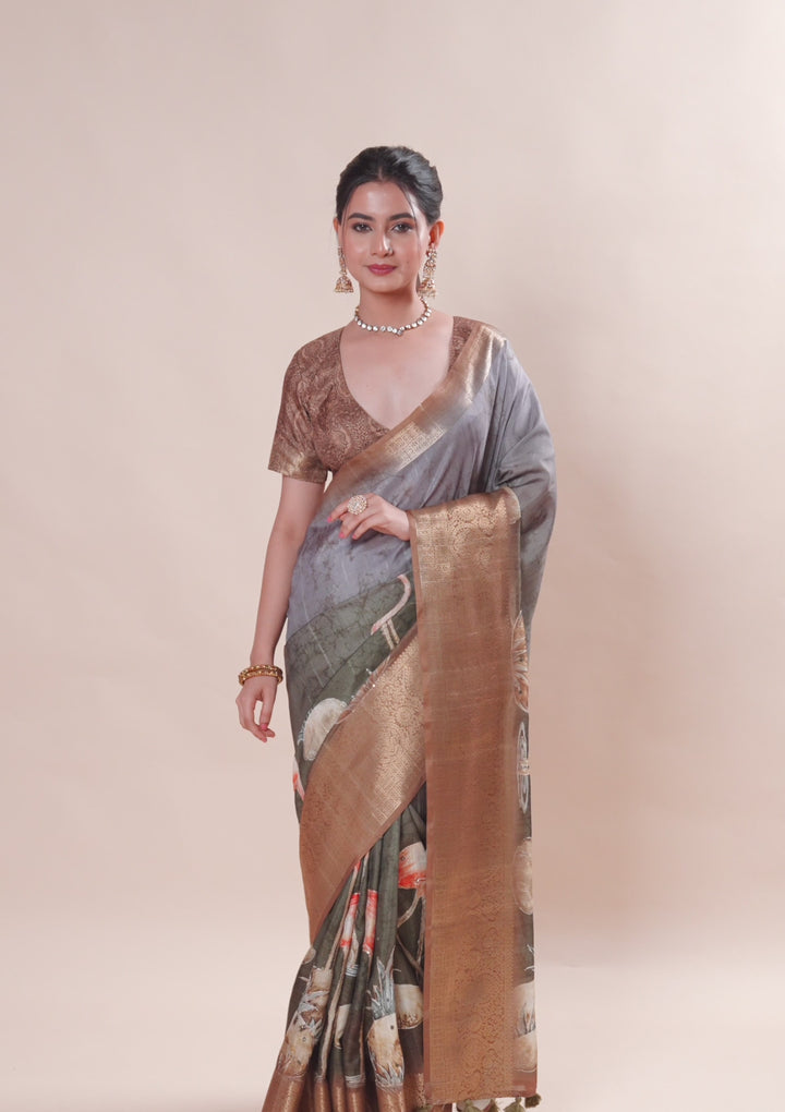 Mehendi Green Tissue Abstract Geometric Saree With Matching Blouse Piece