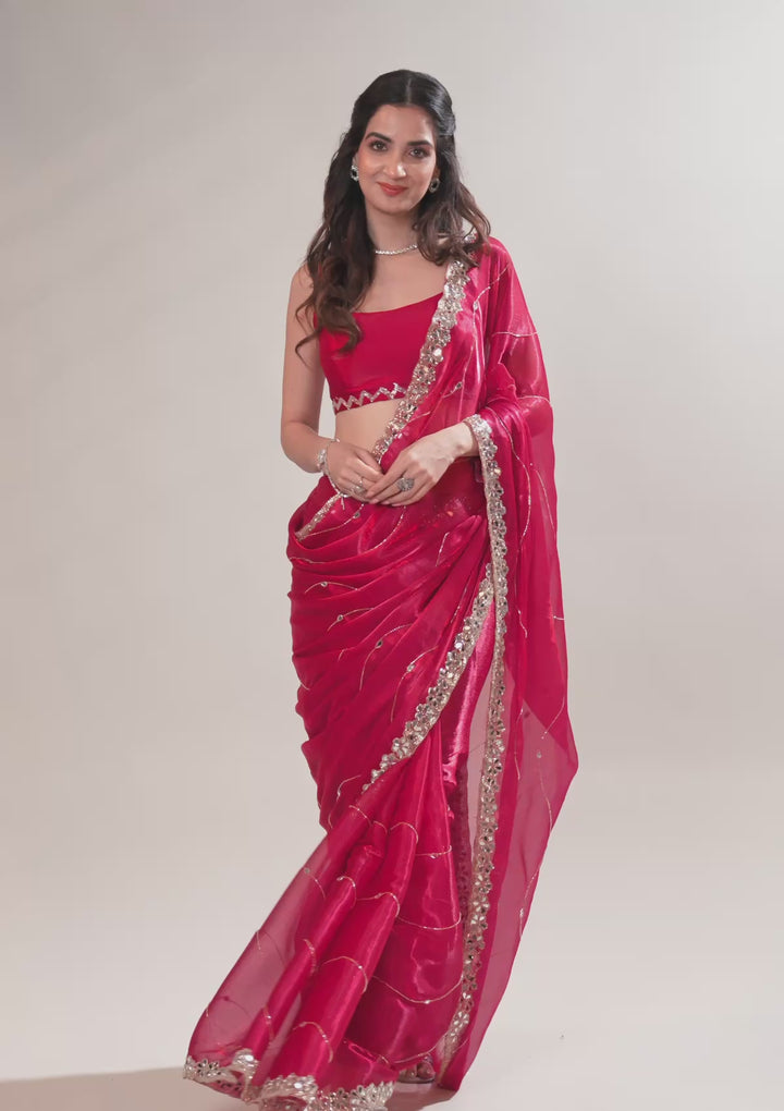 Rani Pink Organza Mirrorwork Saree With Matching Blouse Piece