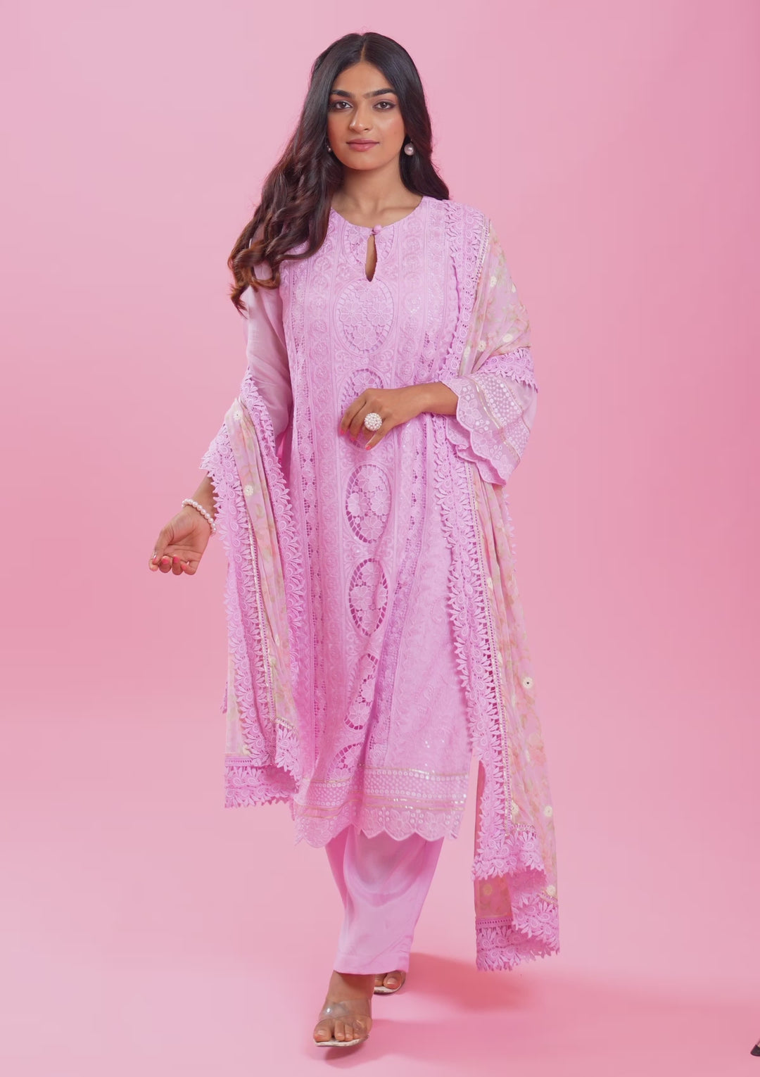 Lavender Georgette Threadwork Unstitched Dress Material With Matching Bottom And Dupatta