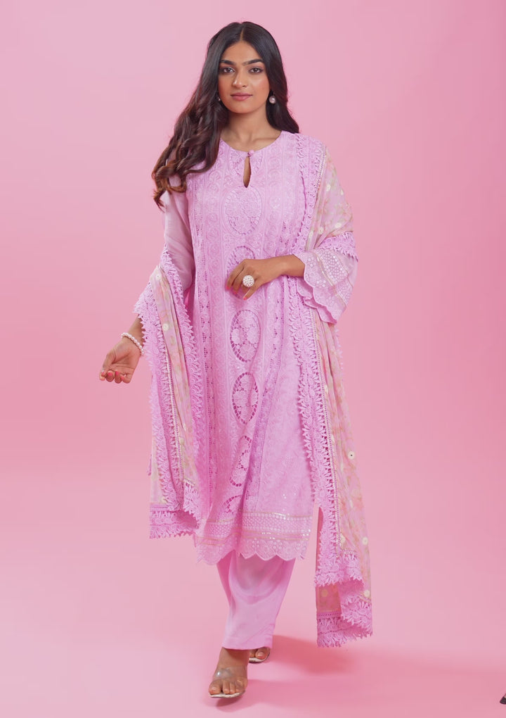 Lavender Georgette Threadwork Unstitched Dress Material With Matching Bottom And Dupatta