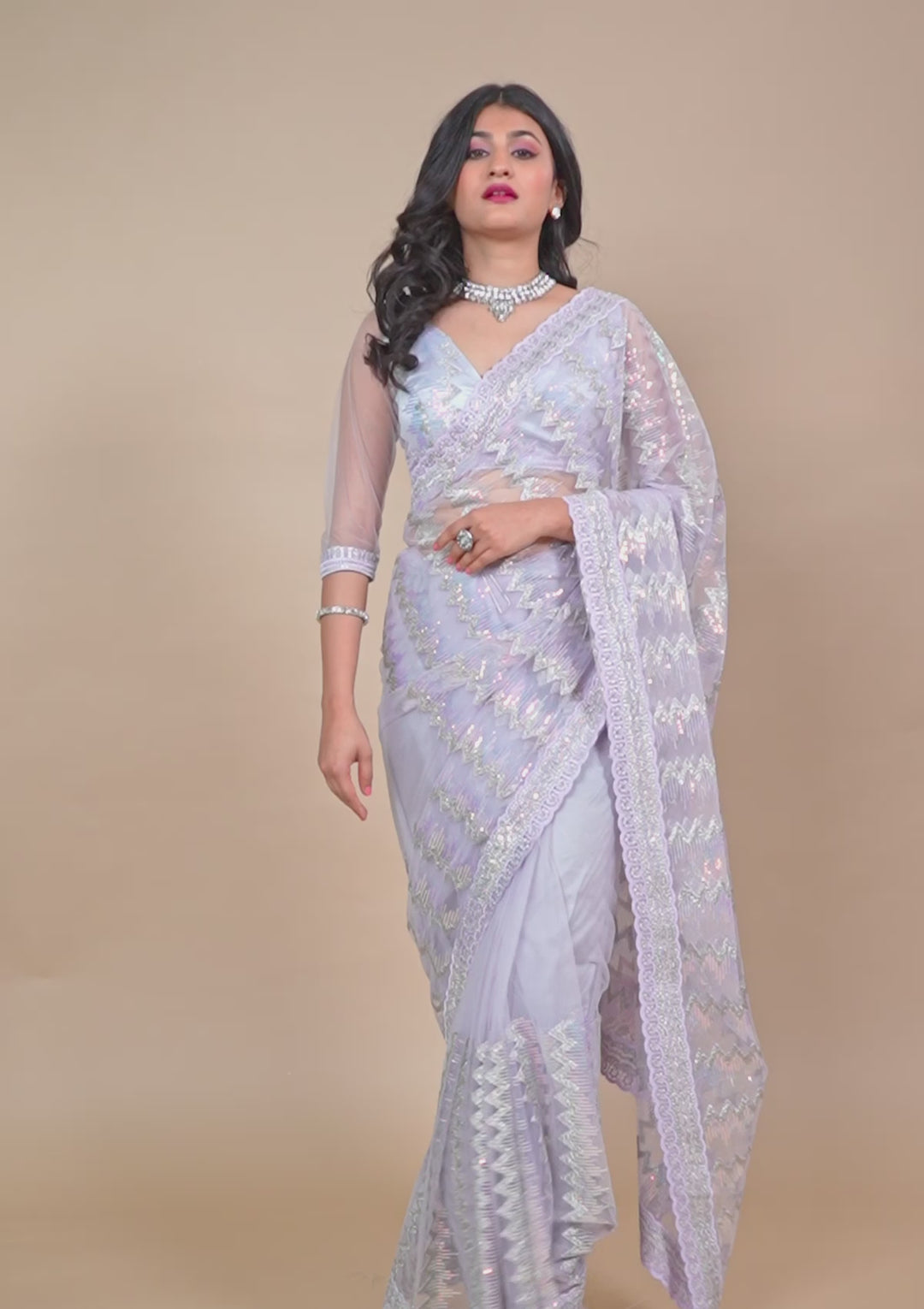 Lavender Sequins Net Saree