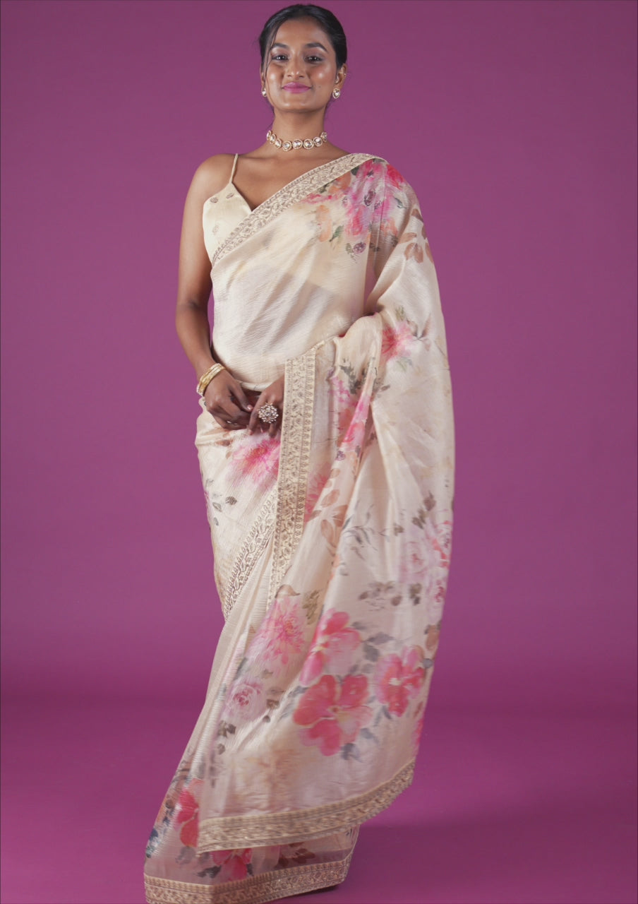 Beige Georgette Floral Saree With Matching Blouse Piece
