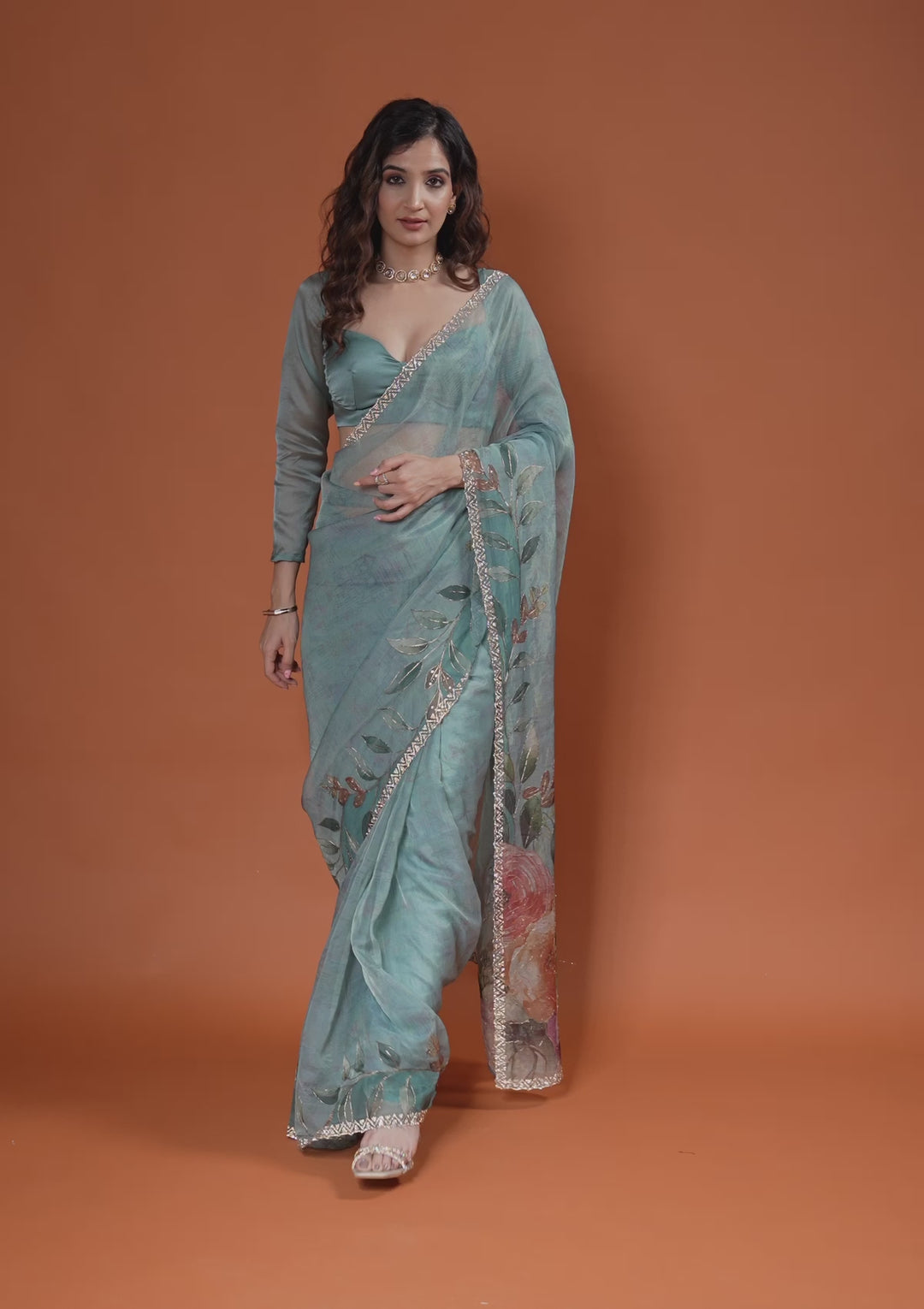 Sky Blue Printed Tissue Saree
