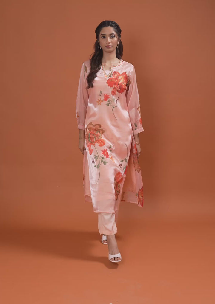 Koskii Crepe Peach Salwar Suit - Ready-to-Wear with Antique Zariwork