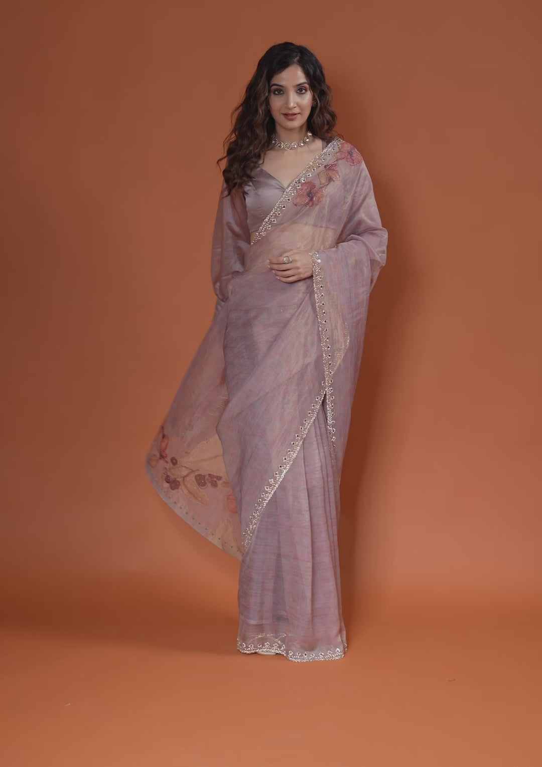 Mauve Organza Floral Gold Zariwork Saree With Matching Blouse Piece