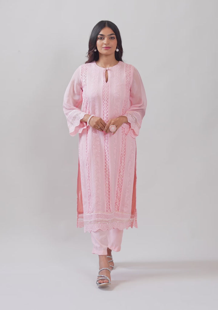 Peach Organza Threadwork Unstitched Dress Material With Matching Bottom And Dupatta