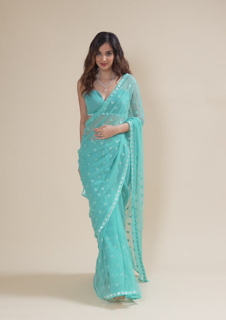 Sea Green Threadwork Chiffon Saree