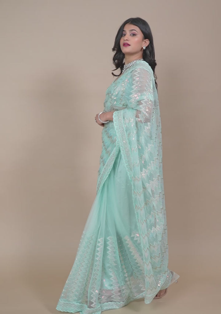 Sky Blue Sequins Net Saree