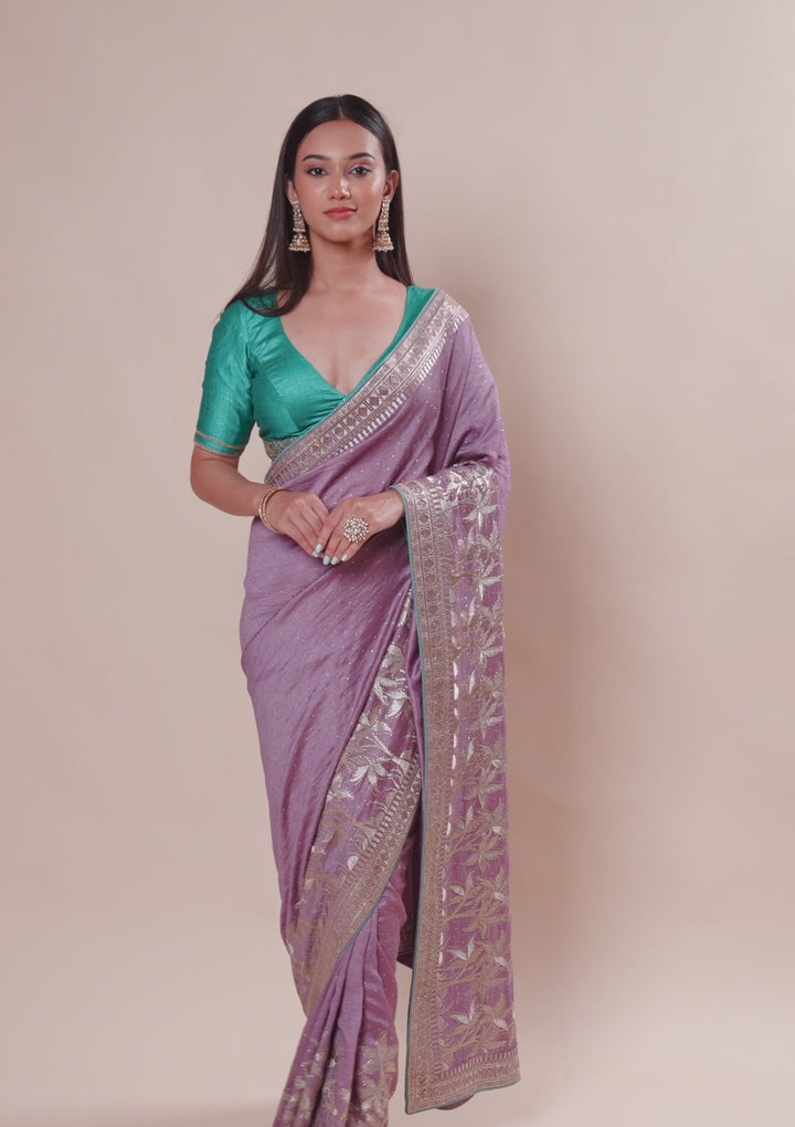 Purple Soft Raw Silk Gold Stonework Saree With Matching Blouse Piece