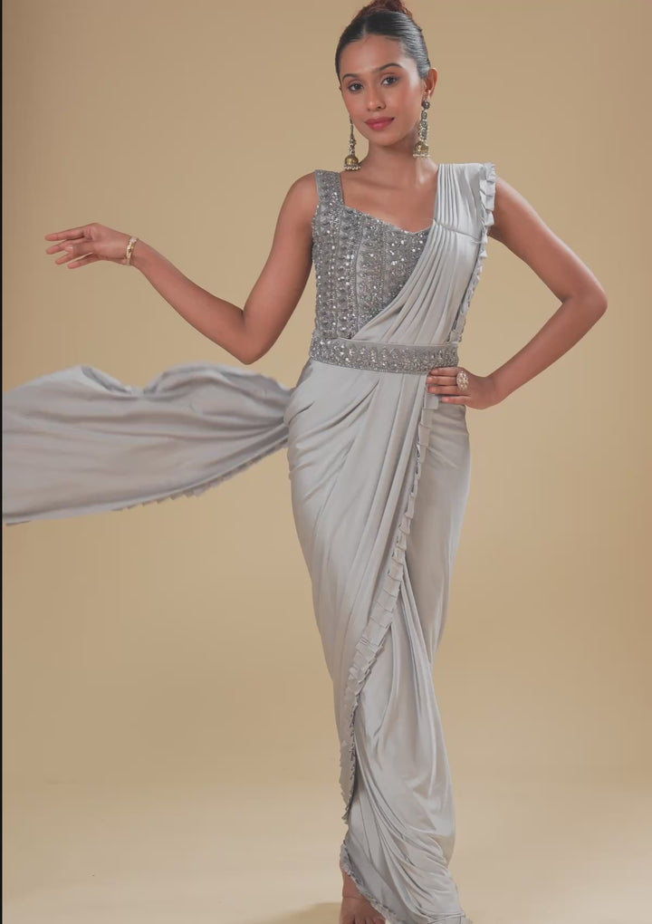 Light Grey Satin Swarovski Saree With Matching Blouse Piece