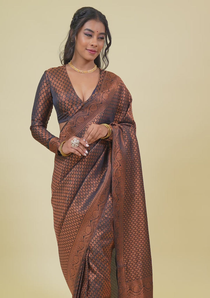 Black Silk Kanjivaram Antique Zariwork Saree With Matching Blouse Piece