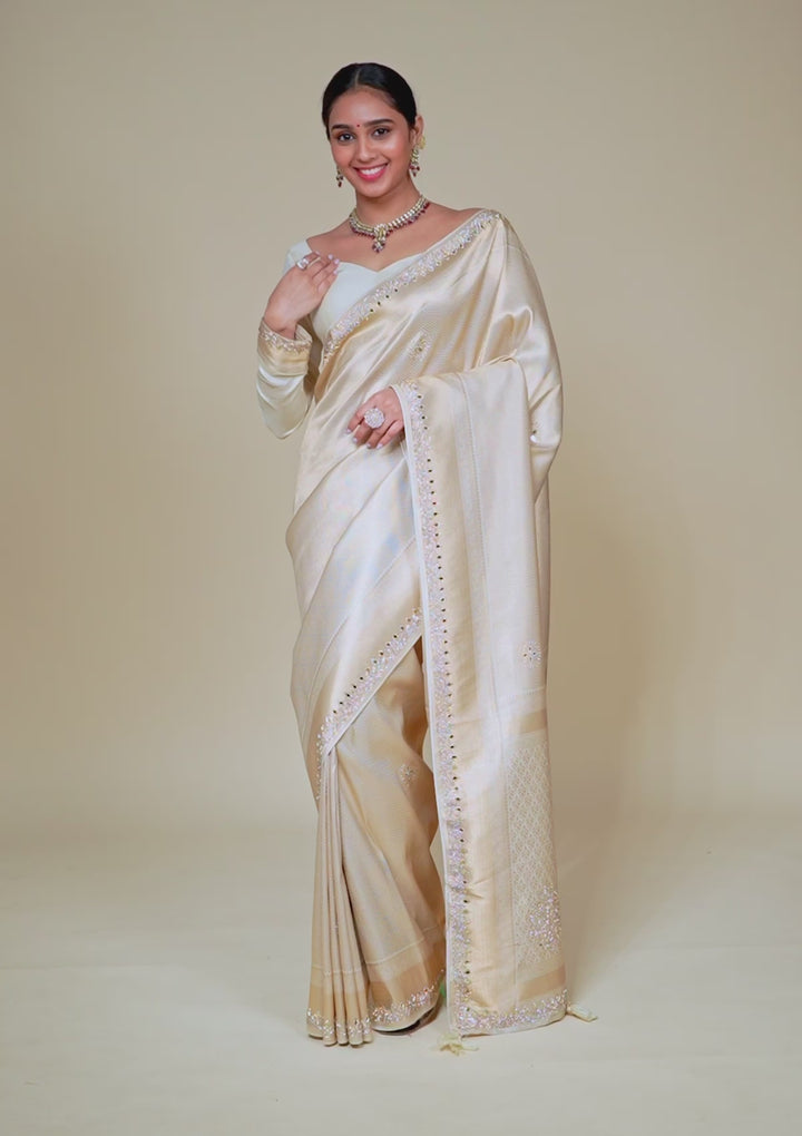 Beige Silk Jaal Gold Stonework Saree With Matching Blouse Piece