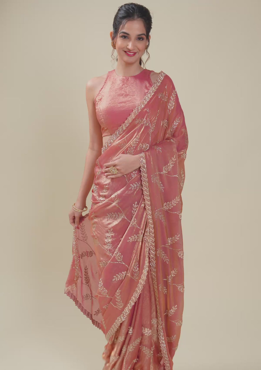 Peach Stonework Tissue Saree