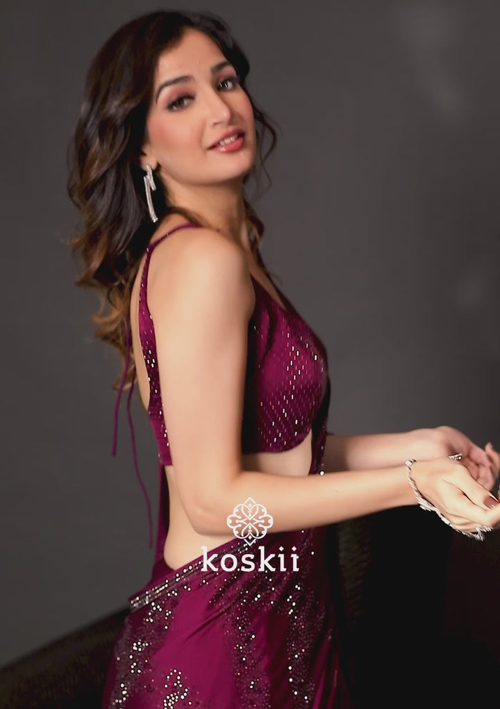 Wine Stonework Satin Designer Saree