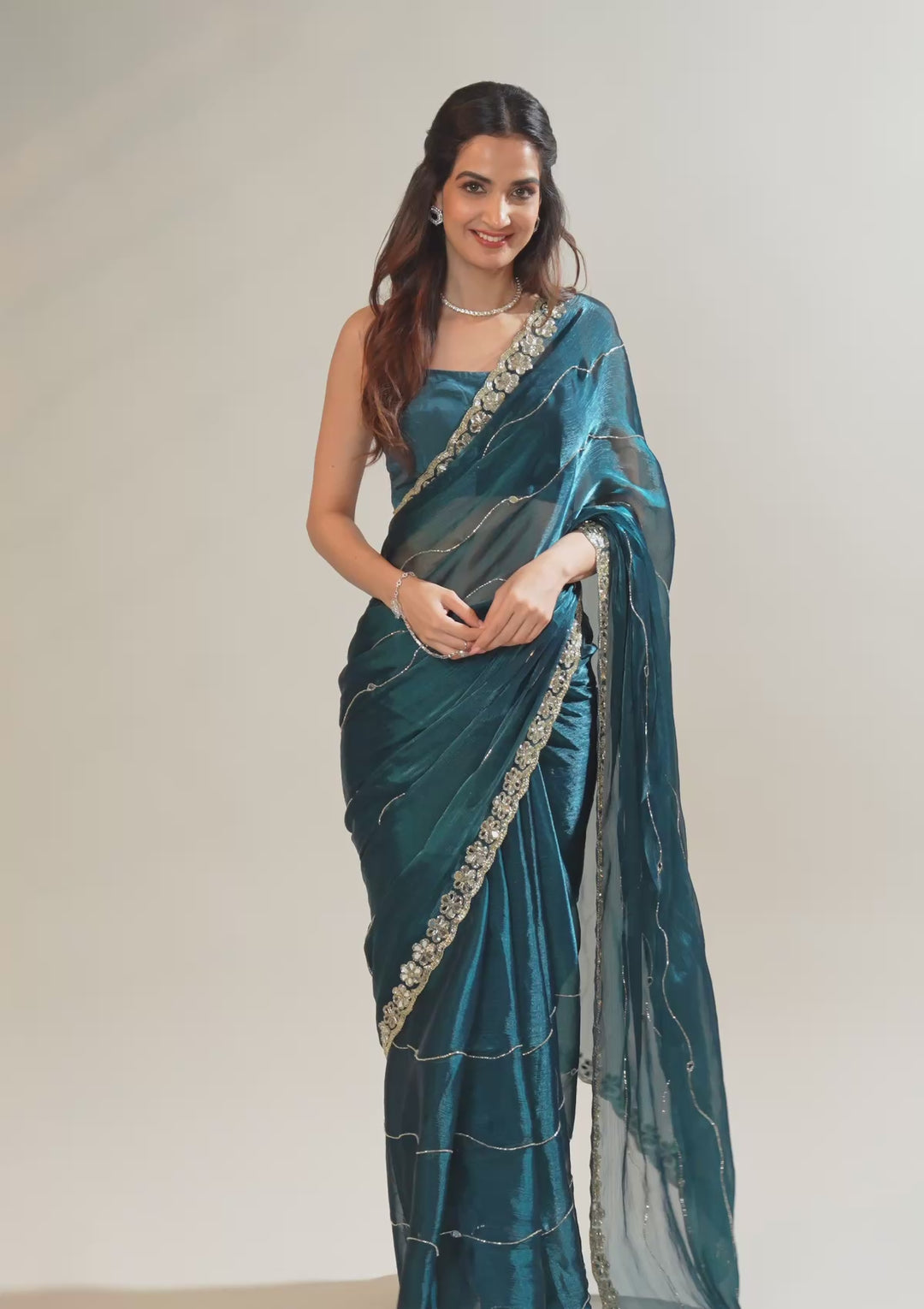 Peacock Blue Organza Mirrorwork Saree With Matching Blouse Piece
