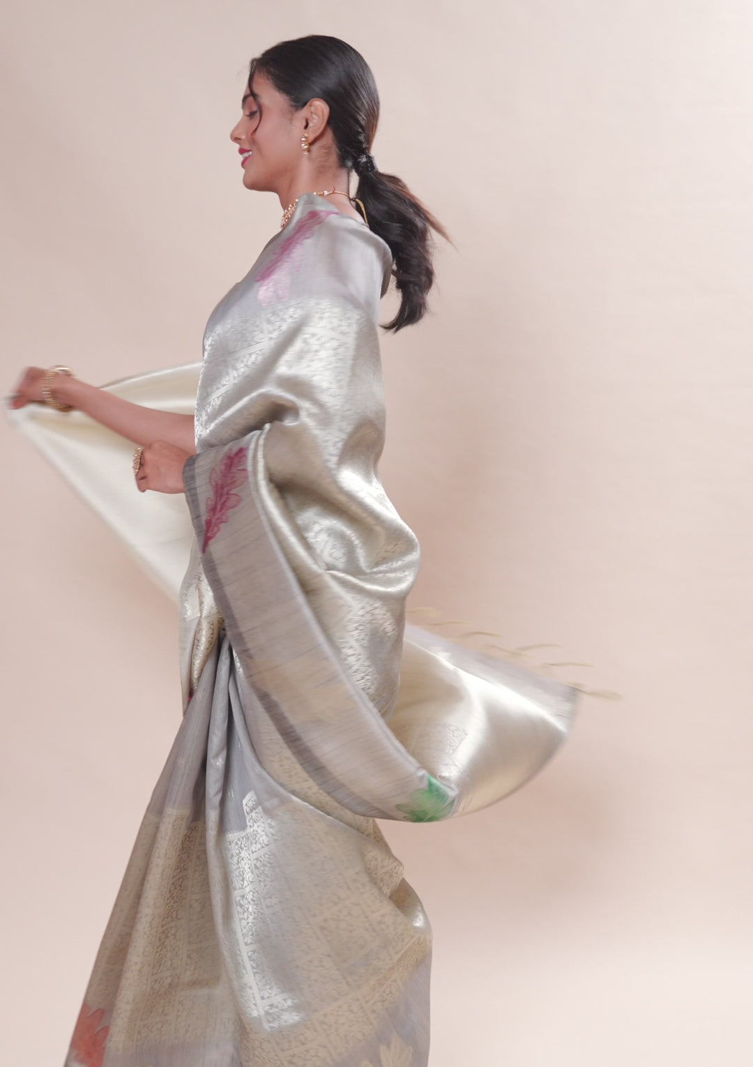 Silver Silk Jaal Gold Zariwork Saree With Matching Blouse Piece