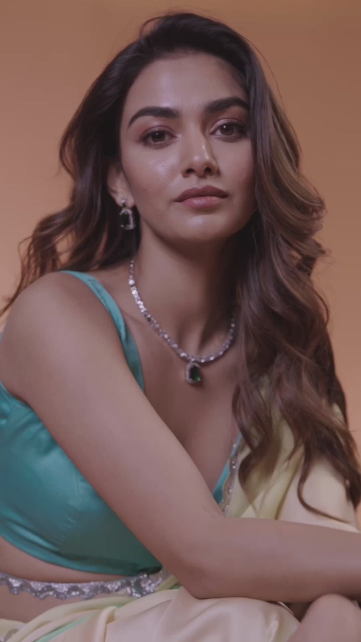 Pista Green Satin Silver Stonework Saree With Matching Blouse Piece