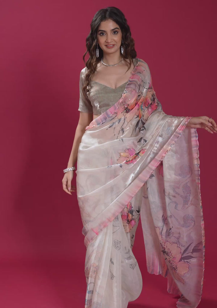 Koskii Organza Silver Saree – Cutdana Embroidered Elegance