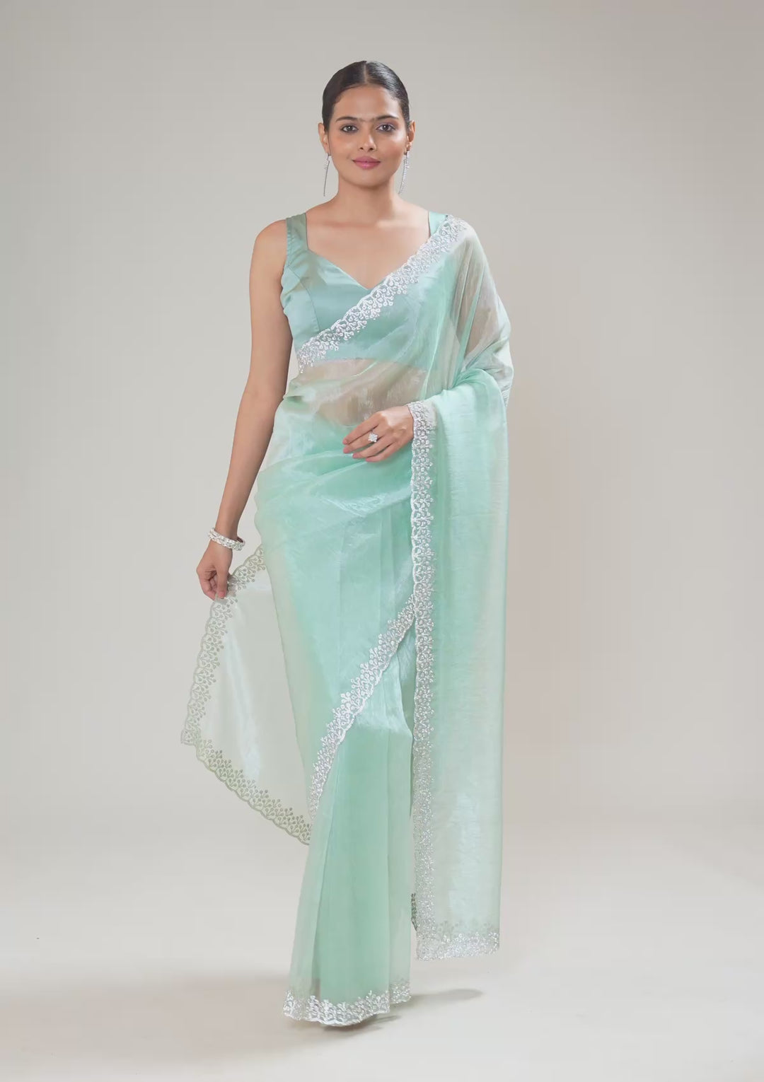 Sea Green Stonework Tissue Saree