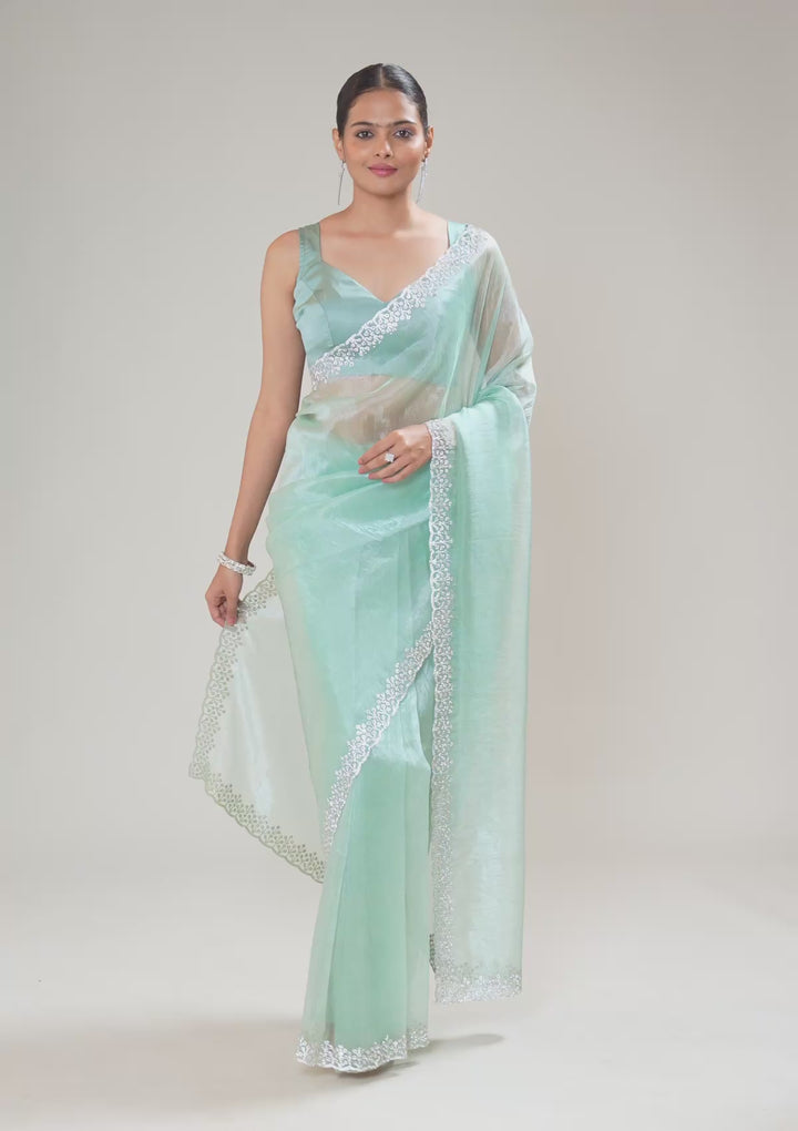 Sea Green Stonework Tissue Saree