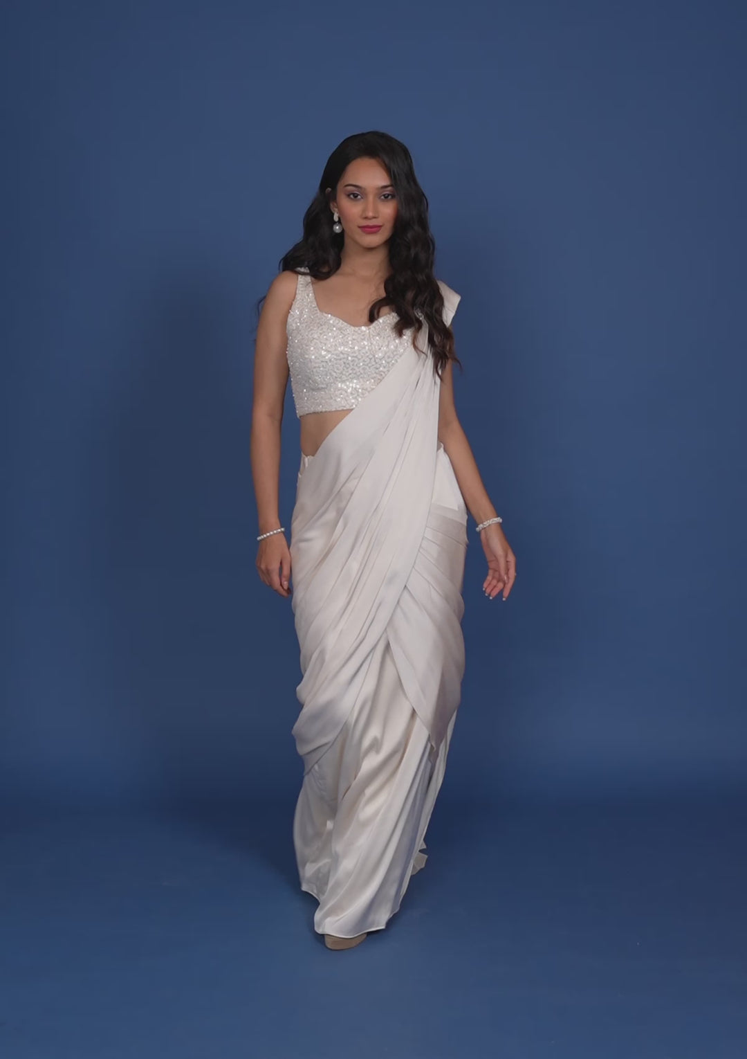 Koskii Satin Ivory Saree – Dazzle with Cutdana Embroidery