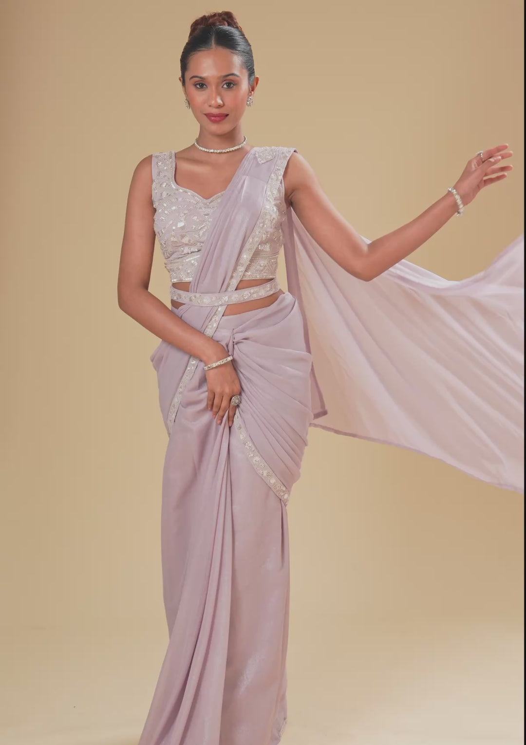 Lavender Chiffon Sequins Saree With Matching Blouse Piece