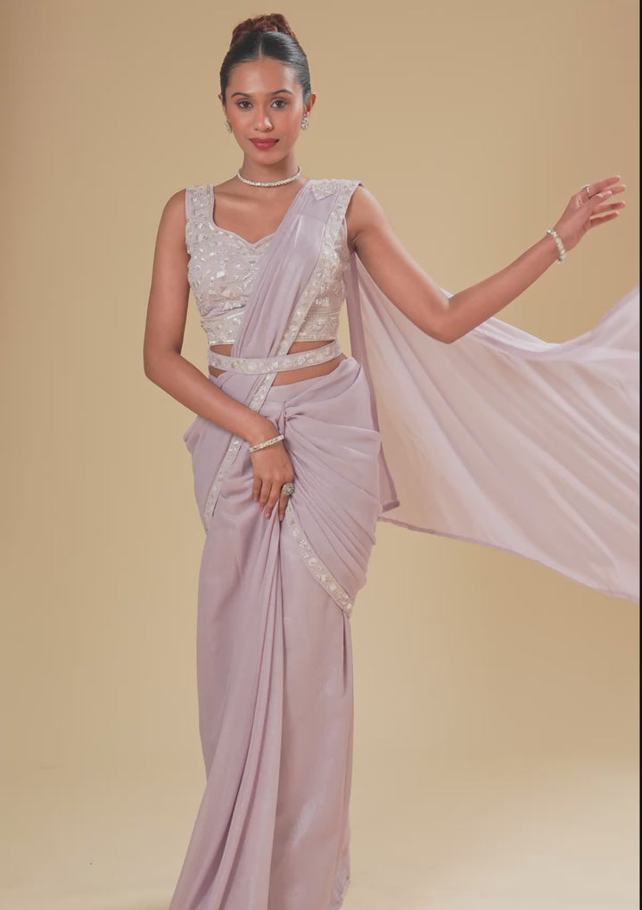 Lavender Chiffon Sequins Saree With Matching Blouse Piece