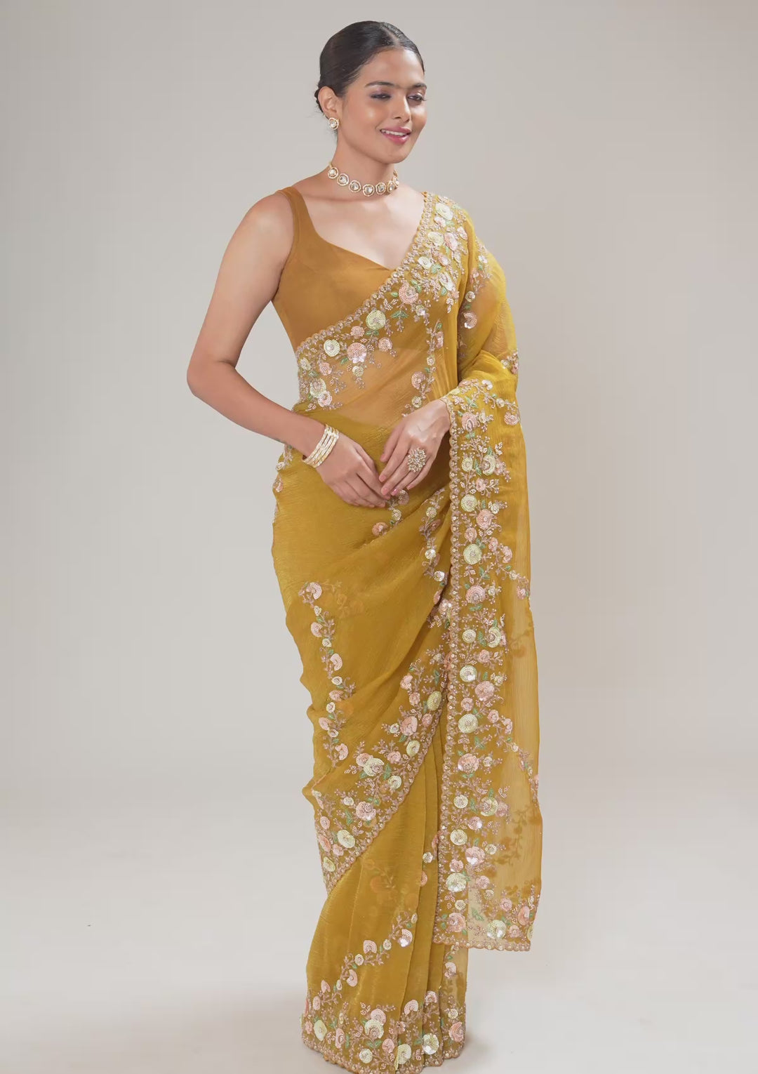 Mustard Sequins Tissue Saree