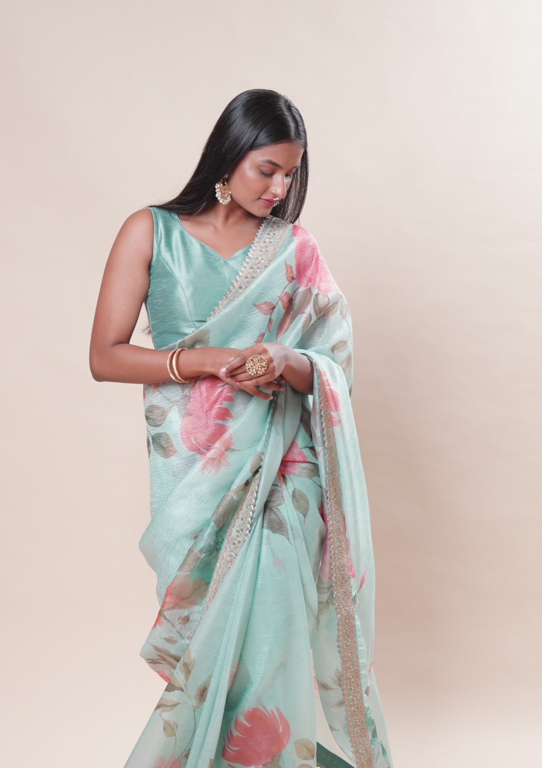 Sea Green Printed Georgette Saree