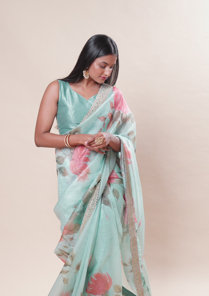 Sea Green Printed Georgette Saree
