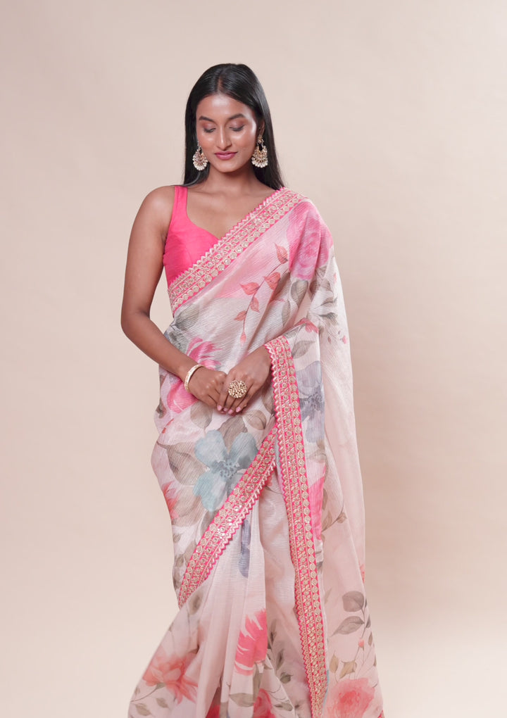 Cream Printed Georgette Saree