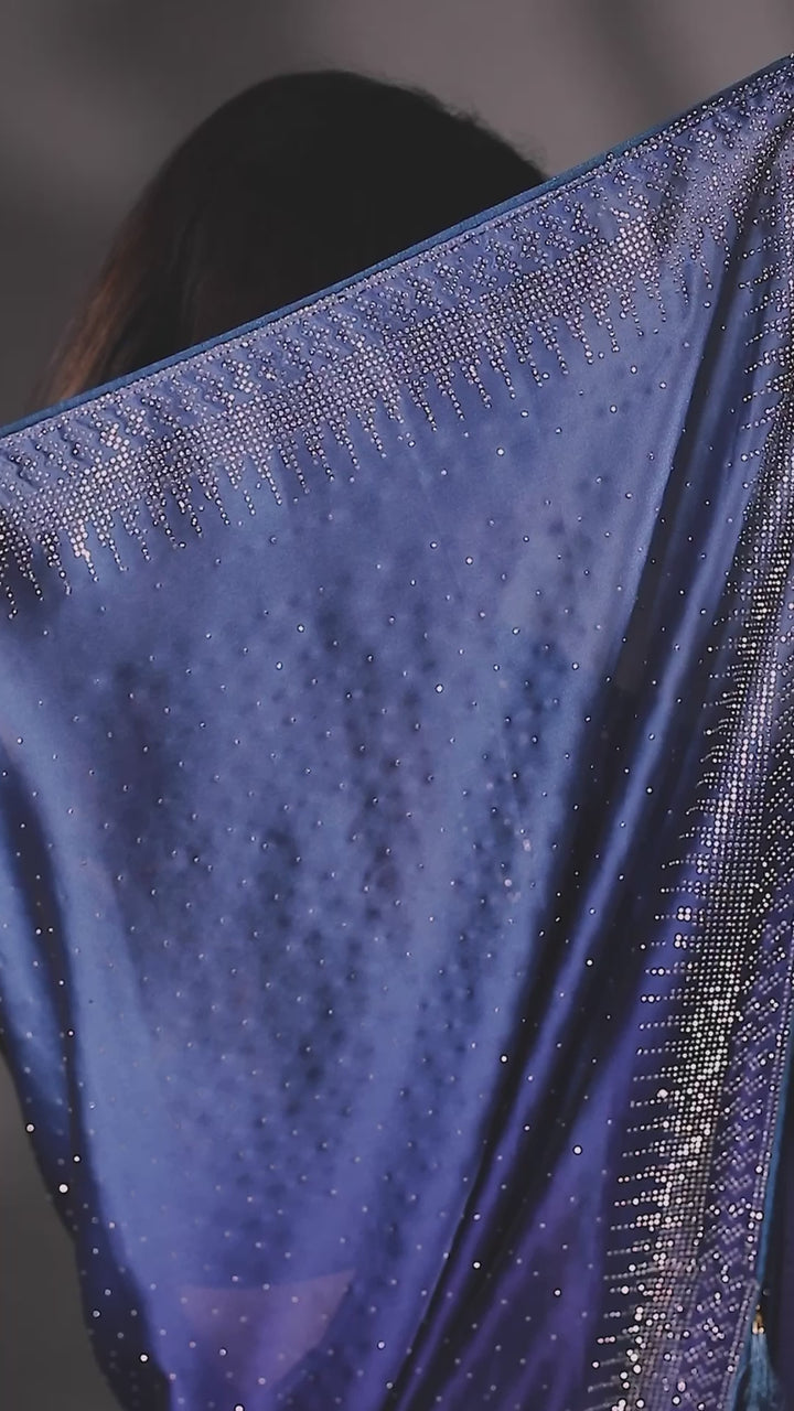 Navy Blue Satin Silver Stonework Saree With Matching Blouse Piece