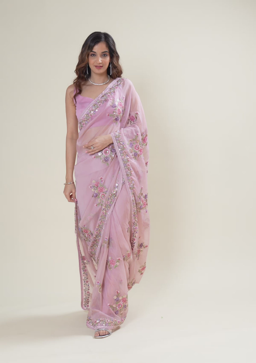 Onion Pink Threadwork Tissue Saree