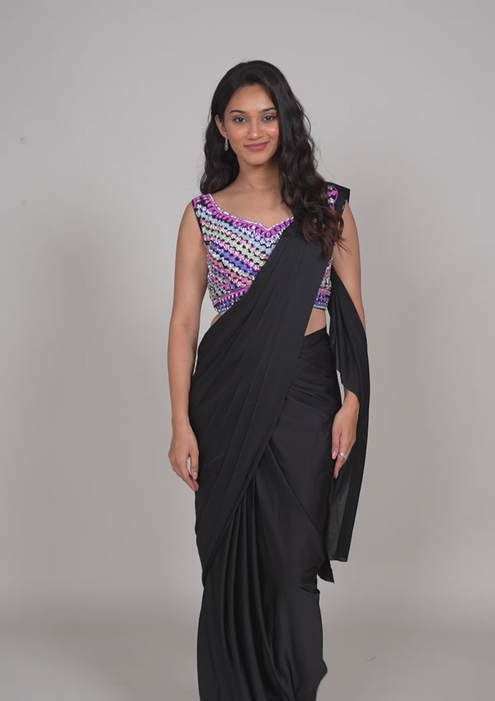Black Threadwork Semi Crepe Saree