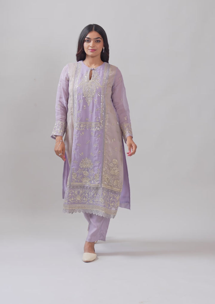 Lavender Tissue Gold Zariwork Unstitched Dress Material With Matching Bottom And Dupatta