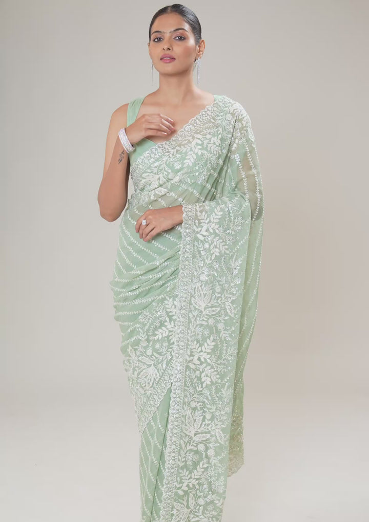 Pista Green Sequins Georgette Saree