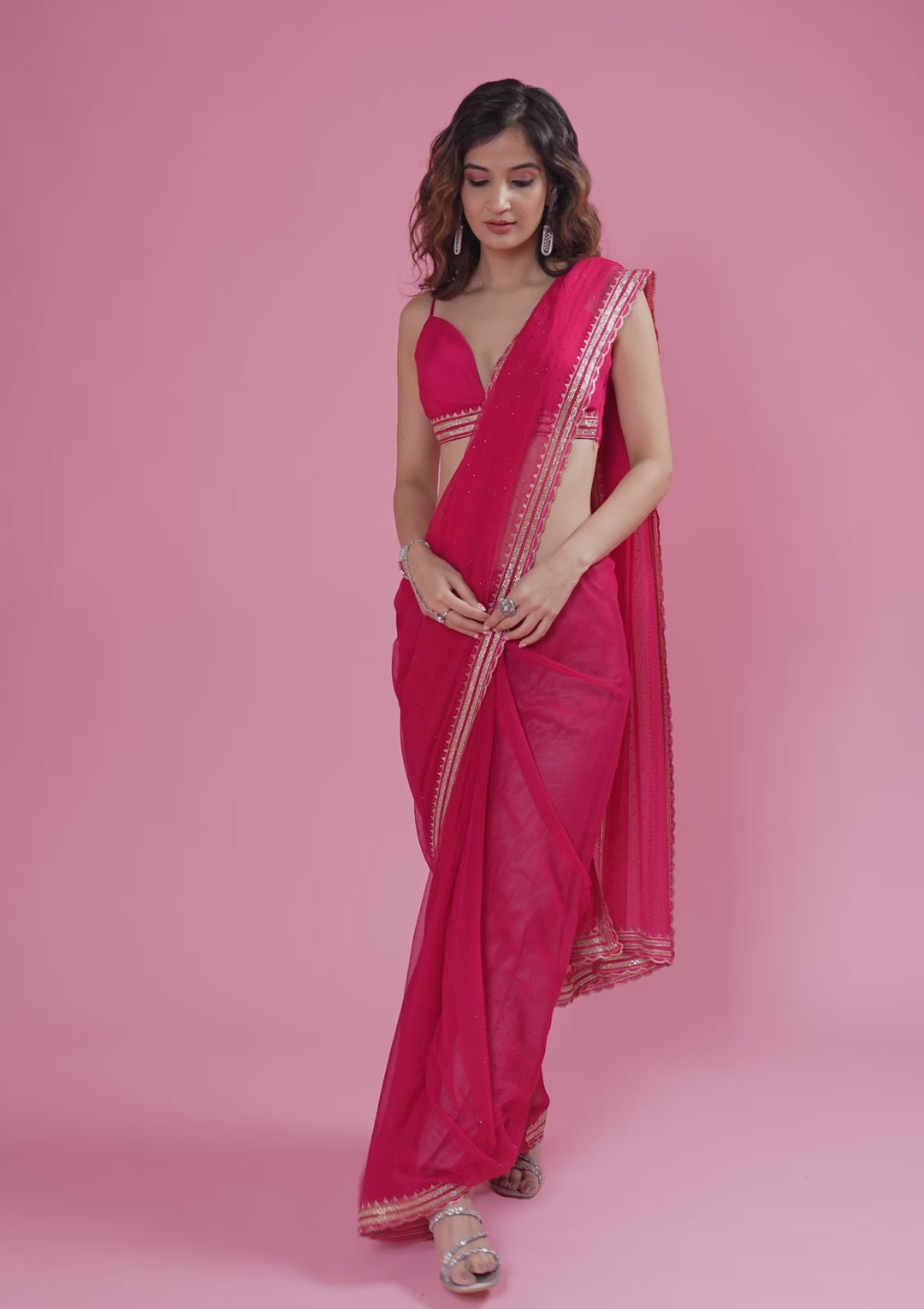 Rani Pink Chiffon Gold Zariwork Saree With Matching Blouse Piece