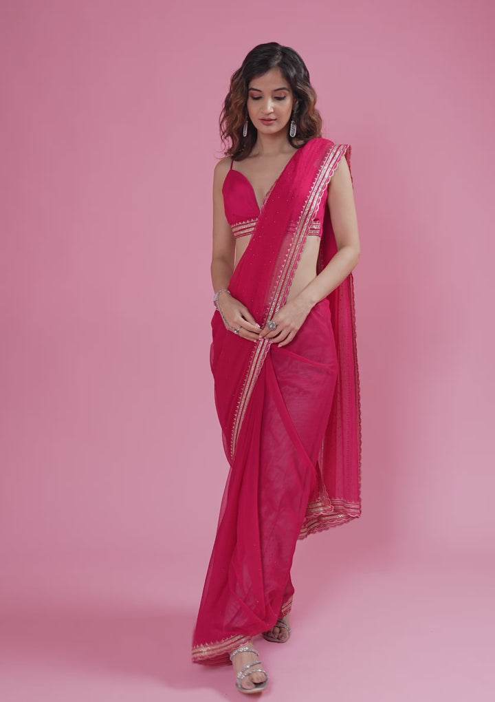 Rani Pink Chiffon Gold Zariwork Saree With Matching Blouse Piece