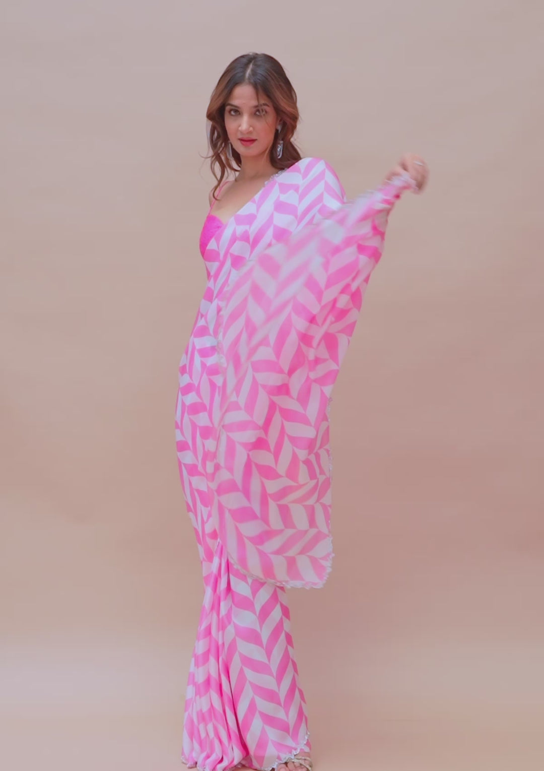 Pink Stonework (Silver) Semi Crepe Saree